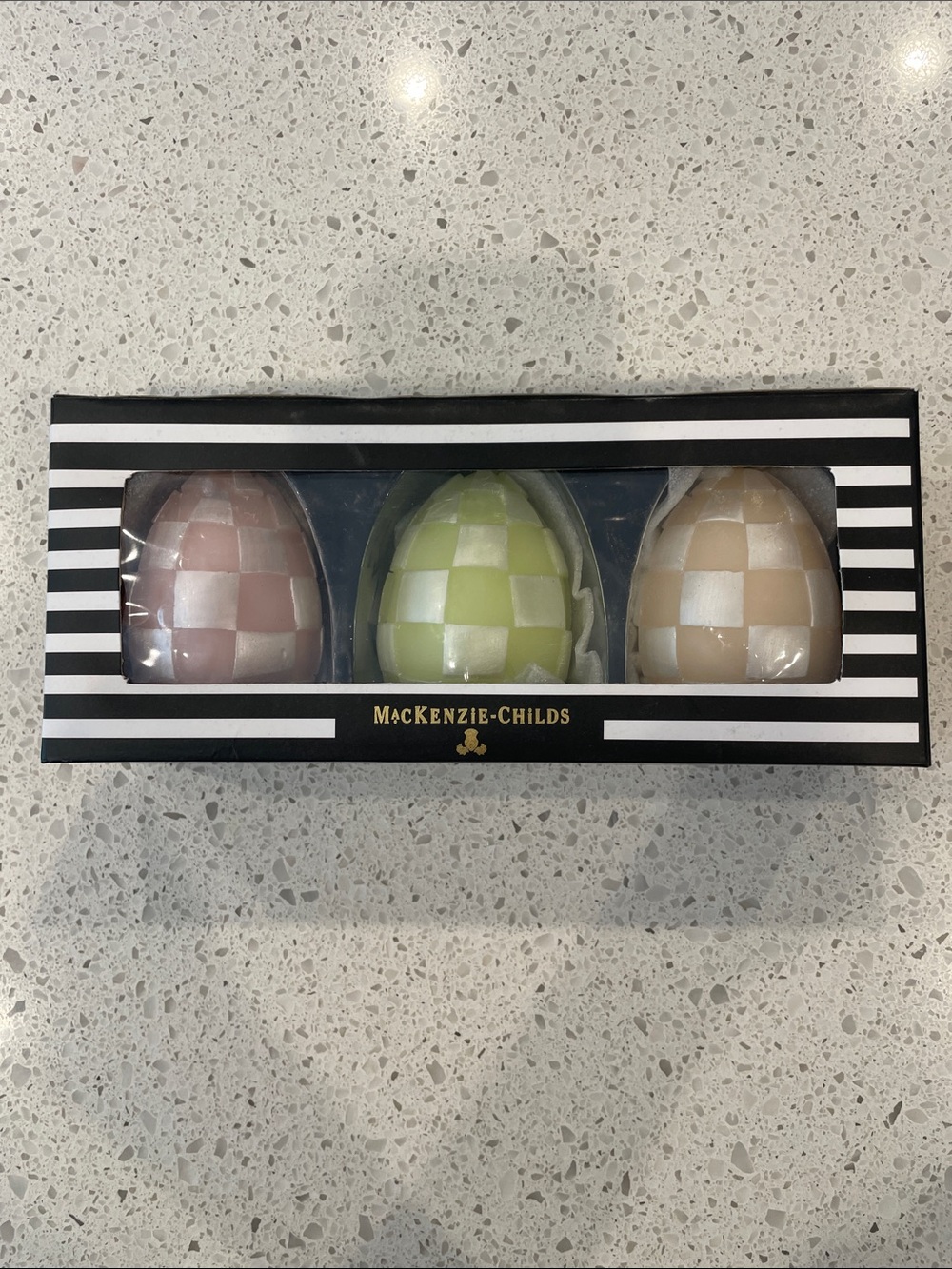 MacKenzie-Childs Pastel Checkered Egg Trio - Pink, Green, Cream candles.